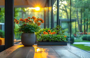 Beautiful orange flowers and green plants in pots on wooden table on the balcony - Powered by Adobe