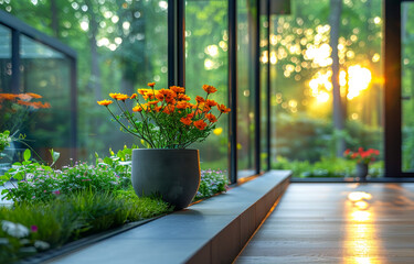 Orange flowers in pot on the windowsill