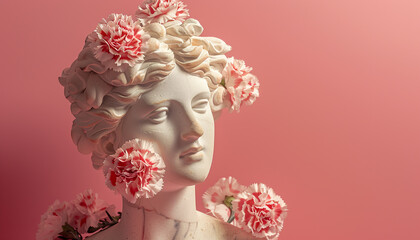 Antique bust of woman with carnations bouquet