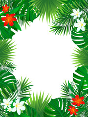 Fototapeta na wymiar tropical vector poster. Exotic jungle rainforest palms leaves, monstera, flowers. Amazon vertical border frame. Floral landscape. beautiful tropic blooming backdrop. Colorful summer and spring design