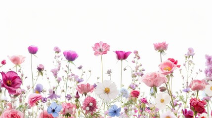 A diverse and vibrant display of meadow flowers isolated on a white background, featuring various species in full bloom, perfect for spring and summer themes.
