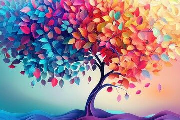 3D Colorful Abstract Tree Illustration Wall Art, Elegant Colorful Tree with Vibrant Leaves Hanging Branches. Wallpaper for Interior Mural Painting, Generative AI