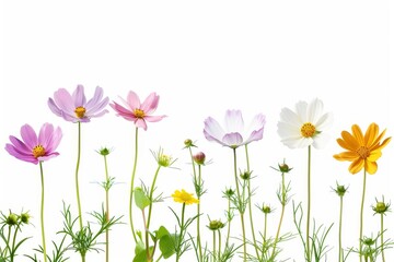 Fototapeta premium A diverse and vibrant display of meadow flowers isolated on a white background, featuring various species in full bloom, perfect for spring and summer themes.