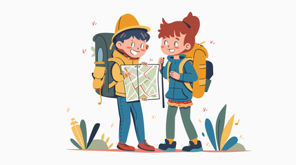 Childrens adventure concept. Cute kids walking hiking