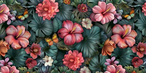 Floral seamless pattern. Tropical flowers bouquets, plumeria, protea, hibiscus, glasswinged butterflies, exotic leaves, fresh foliage. Hand-drawn vintage 3D illustration. Generative AI
