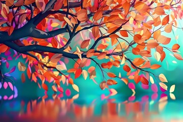 Elegant colorful tree with vibrant leaves hanging branches illustration background. Bright color 3d abstraction wallpaper for interior mural painting wall art decor 3d render, Generative AI