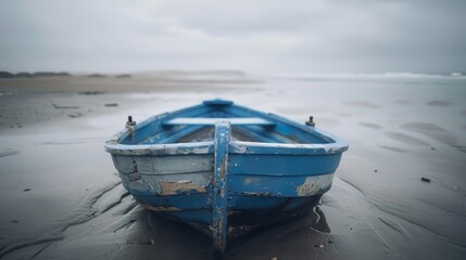 Fototapeta premium An old blue rowboat on a tranquil sandy beach under overcast skies, suggesting solitude and calm.