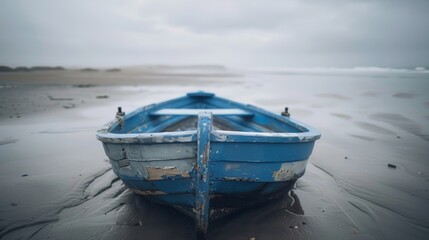 An old blue rowboat on a tranquil sandy beach under overcast skies, suggesting solitude and calm.