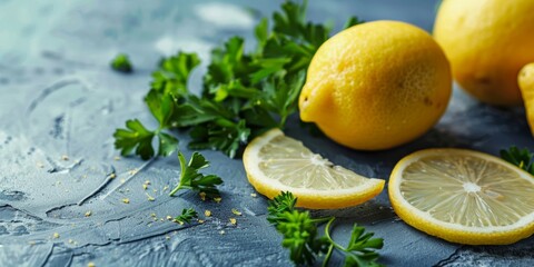 Bright yellow lemons with fresh parsley on a rustic dark textured surface.