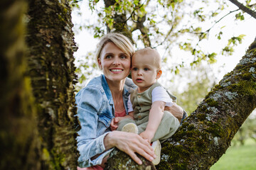 Portrait of beautiful mature first time mother with small toddler, outdoors in spring nature, sitting on tree branch.