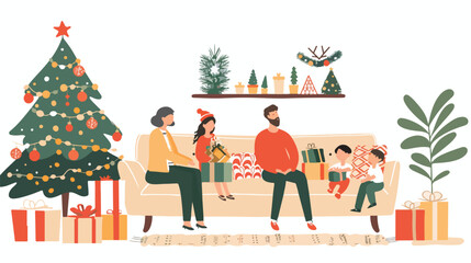 Christmas interior. Mother and father with children s