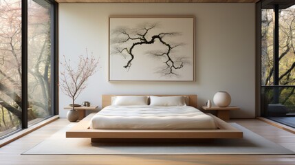 A bedroom with a platform bed, a large painting of a tree, and a view of a forest.