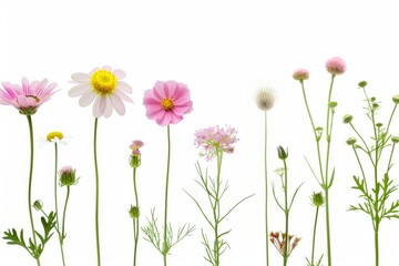 A diverse and vibrant display of meadow flowers isolated on a white background, featuring various species in full bloom, perfect for spring and summer themes.