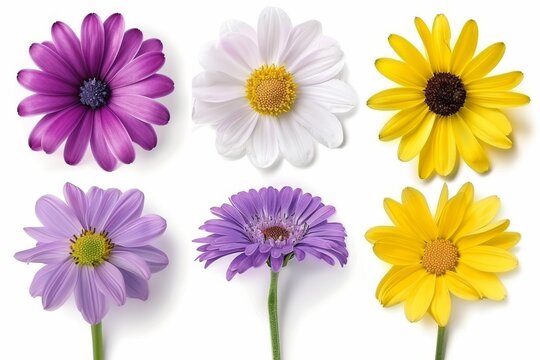 A diverse and vibrant display of meadow flowers isolated on a white background, featuring various species in full bloom, perfect for spring and summer themes.