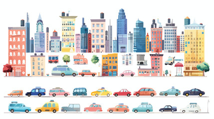City life set with cars road buildings. City street p - obrazy, fototapety, plakaty