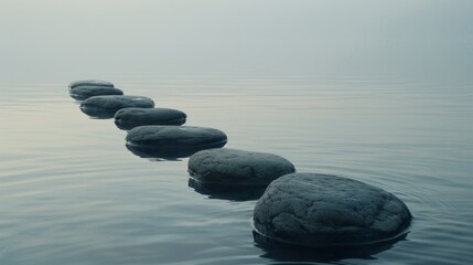 A serene row of smooth stones leading across a tranquil body of water, inspiring meditation and calm.