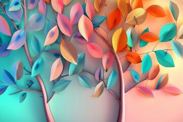 Colorful tree with leaves on hanging branches illustration background. 3d abstraction wallpaper for interior mural wall art decor. Floral tree with multicolor leaves 3d, Generative AI