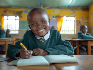 Africa boy kindergarten student sits and writes note in the classroom, Education in schools in the...