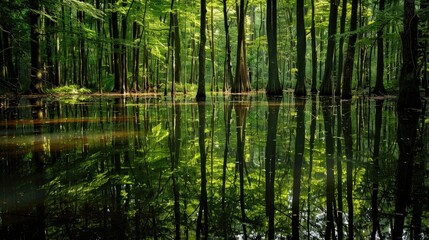 Reflection of forest trees in the water of a swamp lake
