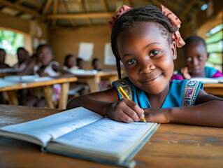 Africa girl kindergarten student sits and writes note in the classroom, Education in schools in the Africa zone, Classroom in kindergarten. - obrazy, fototapety, plakaty