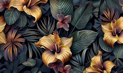 tropical seamless pattern with exotic flowers and leaves dark floral background vintage style hand drawn 3d illustration luxury design for wallpapers fabric, Generative AI