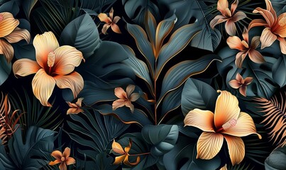 tropical seamless pattern with exotic flowers and leaves dark floral background vintage style hand drawn 3d illustration luxury design for wallpapers fabric, Generative AI