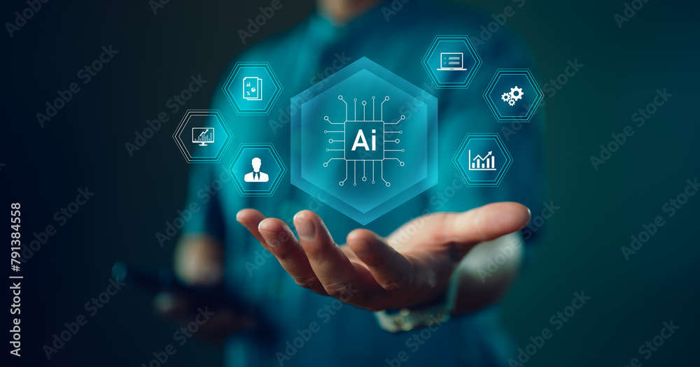 Poster ai tech, businessman show virtual graphic global internet connect ai chatbot, artificial intelligenc
