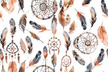 Seamless pattern of watercolor dreamcatchers and feathers in earth tones.