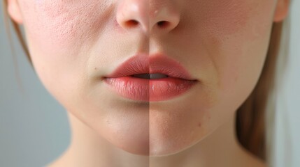 before-and-after comparison of a woman's lips, showing the transformative results of lip augmentation surgery in enhancing lip volume and shape.