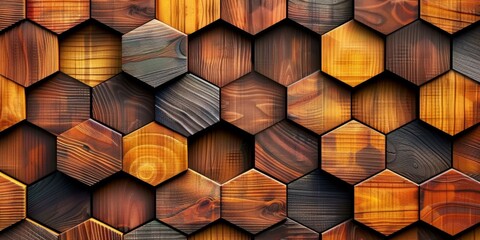 High quality wooden hexagon wallpaper illustration with decorative honeycomb mural background, Generative AI