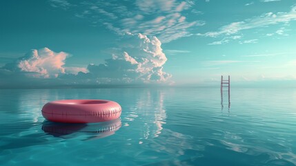 A pink inflatable raft sits in the water next to a ladder - obrazy, fototapety, plakaty