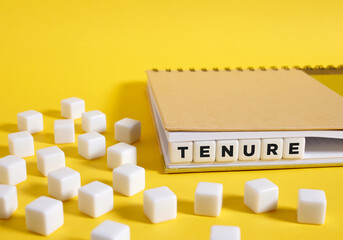 The word tenure written on cubes in a notebook on yellow background.
