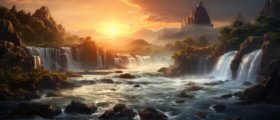 A beautiful landscape with waterfalls and a castle in the distance