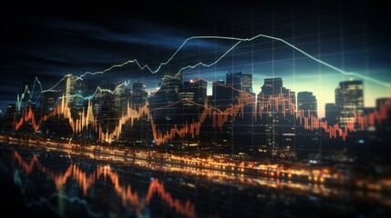 A beautiful cityscape with a glowing grid of financial data superimposed over it.