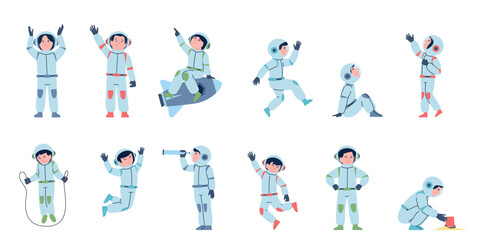 Children astronauts. Kids wear spacesuits and helmets. Little cute space explorers, flying on rocket, dreaming and floating in air, recent vector set