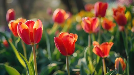 close-up of delicate tulips swaying in the breeze, their vibrant petals capturing the essence of springtime renewal and beauty.