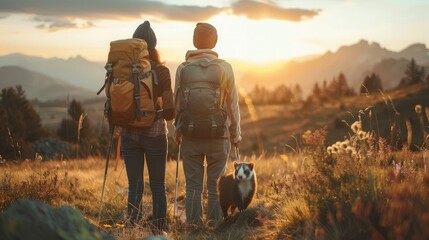 couple taking their adventurous pet ferret on a hiking excursion, experiencing the wonders of nature together as a bonded family unit.