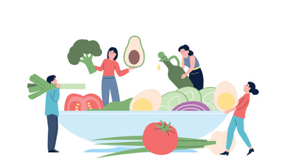 Vitamins salad cook. Family vegetarian nutrition, fresh diet dinner or lunch. Greens, tomatoes, onion and olive oil. Recent vector flat scene