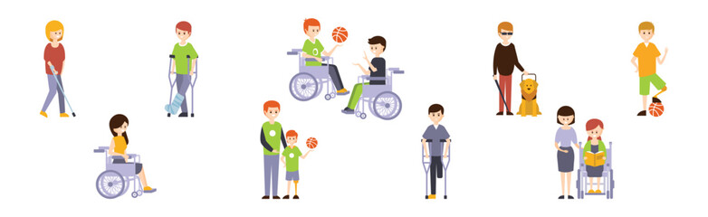 Happy Disabled People Character with Disability Vector Set