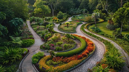 Foto op Canvas dynamic shot of a botanical park with winding paths bordered by vibrant flower beds, beckoning visitors to explore and unwind. © buraratn