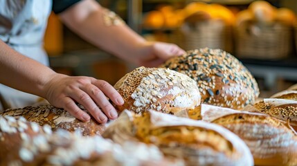 Young baker's hands displaying multi-grain bread, close-up on the seeds and grains, in a modern bakery setting