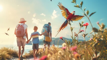 family embarking on a road trip adventure with their adventurous pet parrot, enjoying new experiences and creating lasting memories together.