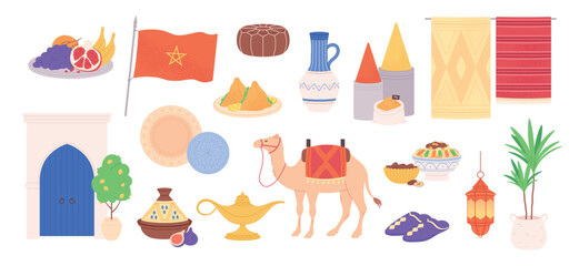 Flat moroccan objects. East market goods, carpets and crockery, spices and food. Arabian style accessories, slippers, furniture, racy vector clipart