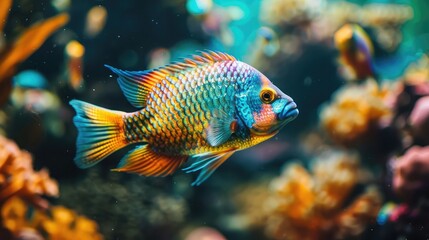 Fototapeta premium graceful fish gliding serenely through an aquarium, its colorful scales shimmering in the water as it navigates its underwater world.