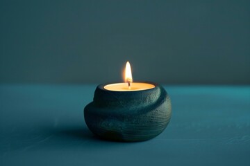 Burning candle in a round wooden candlestick on a blue background