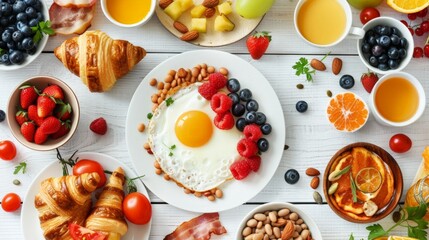 A spread of breakfast foods and beverages