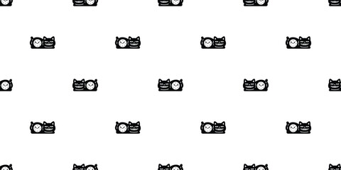 cat seamless pattern clock vector black kitten smile calico munchkin neko crouch pet cartoon doodle gift wrapping paper tile background repeat wallpaper illustration isolated design