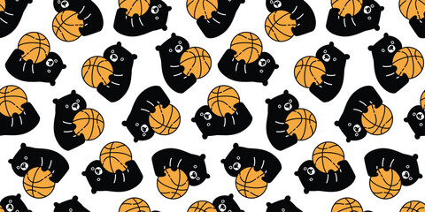 bear polar seamless pattern play basketball ball sport vector teddy sitting pet doodle cartoon gift wrapping paper tile background repeat wallpaper illustration scarf isolated design