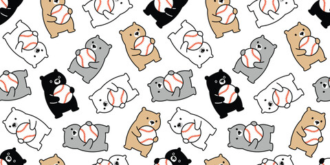 bear polar seamless pattern baseball ball sport vector teddy pet doodle cartoon gift wrapping paper pastel color tile background repeat wallpaper illustration scarf isolated design - obrazy, fototapety, plakaty