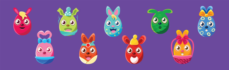 Bunny in Shape of Oval Egg of Different Color Vector Set